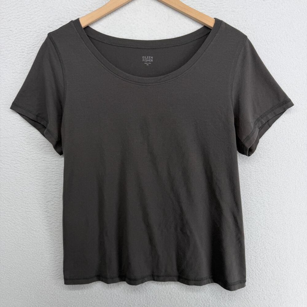 EILEEN FISHER Top XL Stretch Organic Cotton Jersey Cap Sleeve Gray USA
